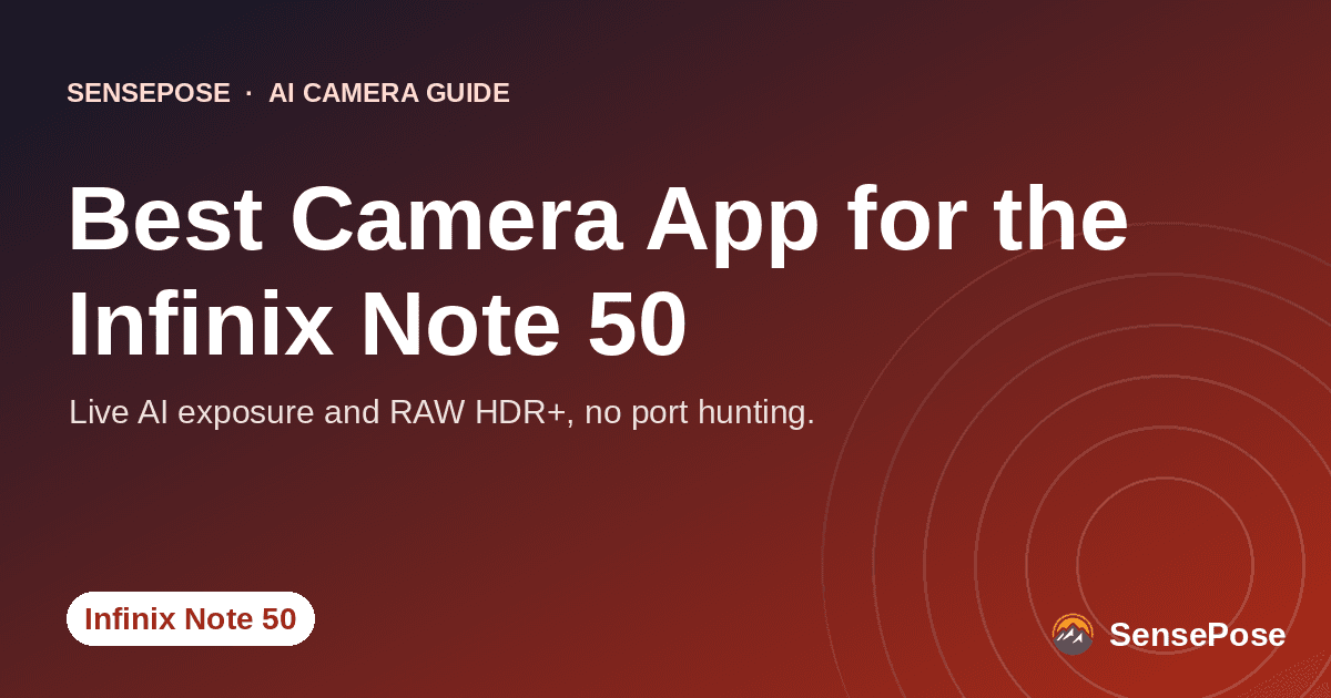 Branded SensePose cover card reading 'Best Camera App for the Infinix Note 50' on a coral gradient