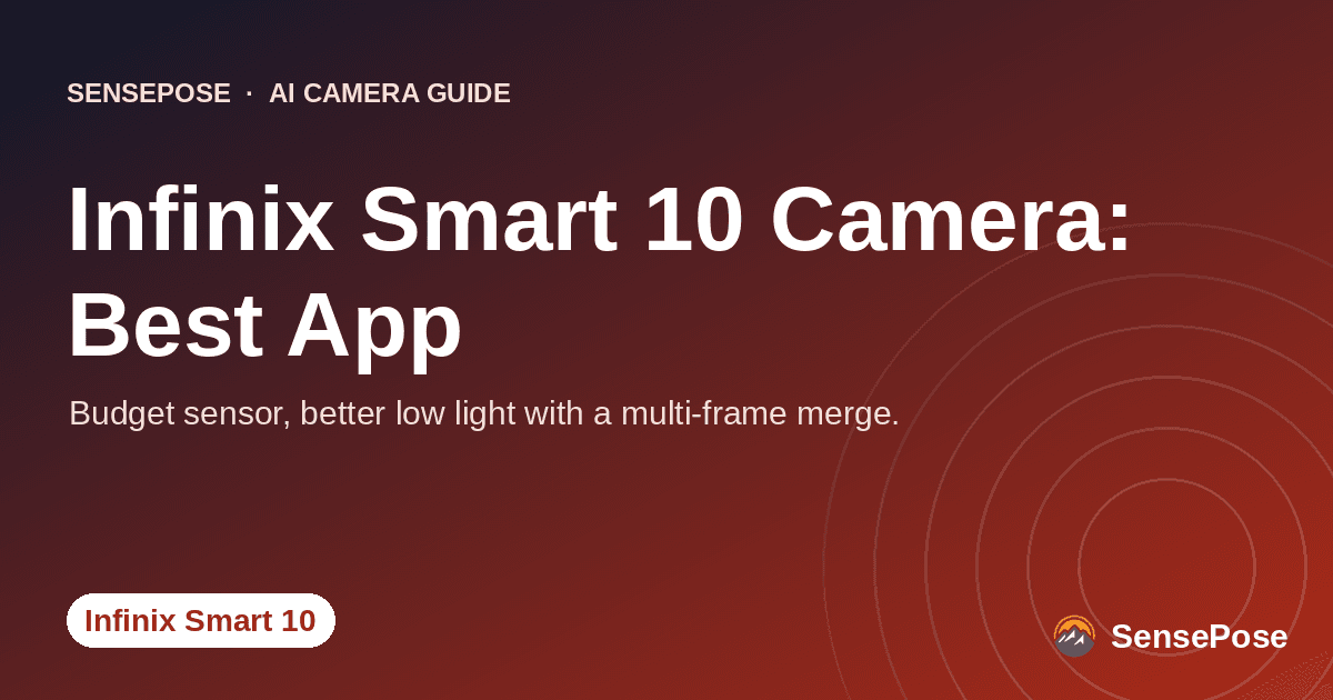 Branded SensePose cover card reading 'Infinix Smart 10 Camera: Best App' on a coral gradient