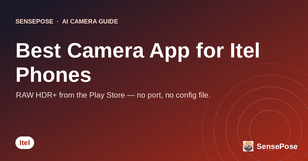 Branded SensePose cover card reading 'Best Camera App for Itel Phones' on a coral gradient