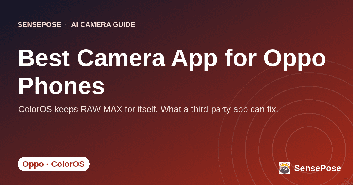 Branded SensePose cover card reading 'Best Camera App for Oppo' on a coral gradient