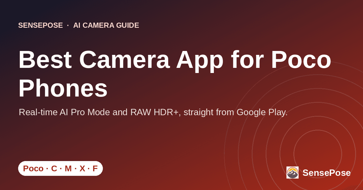 Branded SensePose cover card reading 'Best Camera App for Poco Phones' on a coral gradient