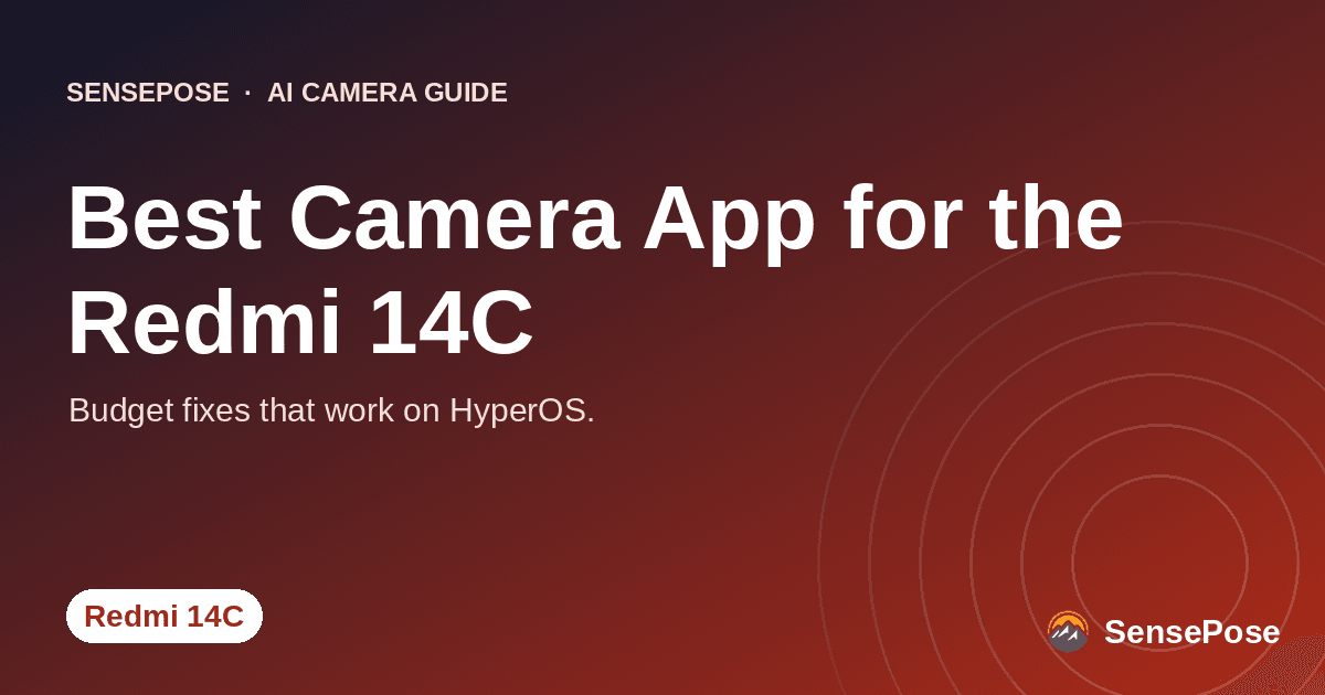 Branded SensePose cover card reading 'Best Camera App for the Redmi 14C' on a coral gradient