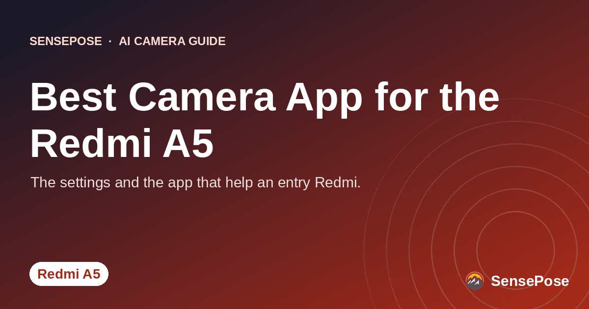 Branded SensePose cover card reading 'Best Camera App for the Redmi A5' on a coral gradient