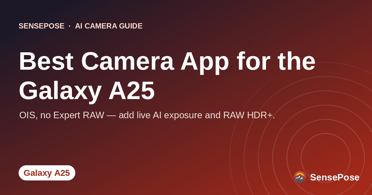 Branded SensePose cover card reading 'Best Camera App for the Galaxy A25' on a coral gradient