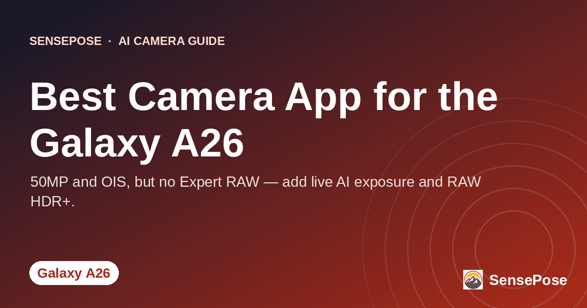 Branded SensePose cover card reading 'Best Camera App for the Galaxy A26' on a coral gradient