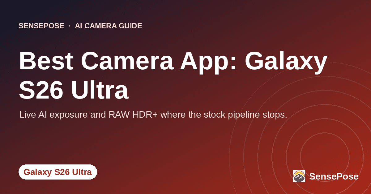 Branded SensePose cover card reading 'Best Camera App for the Galaxy S26 Ultra' on a coral gradient
