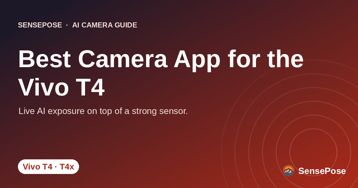 Branded SensePose cover card reading 'Best Camera App for the Vivo T4' on a coral gradient
