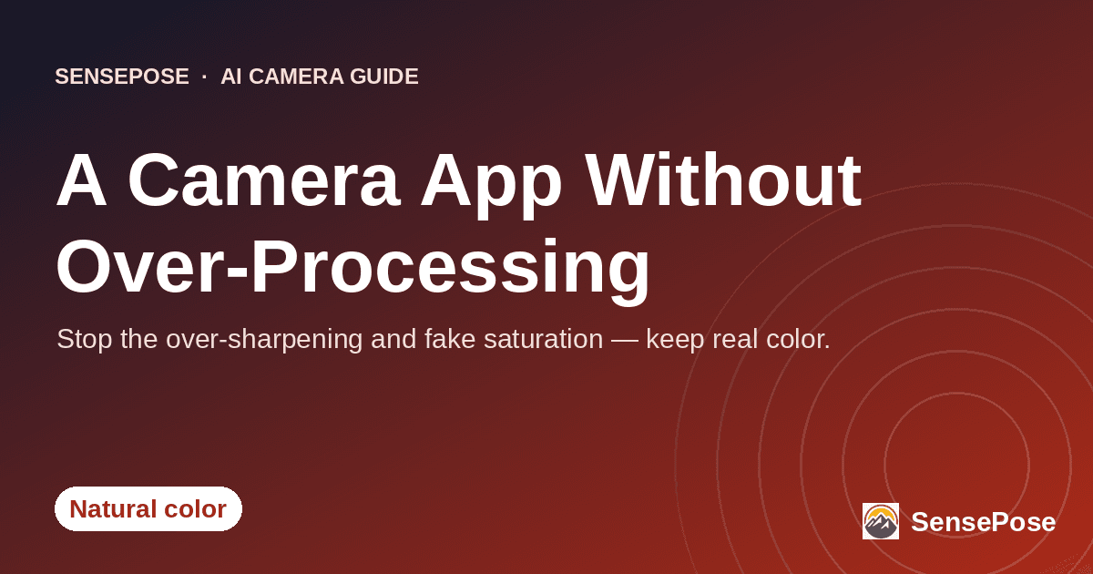 Branded SensePose cover card reading 'A Camera App Without Over-Processing' on a coral gradient