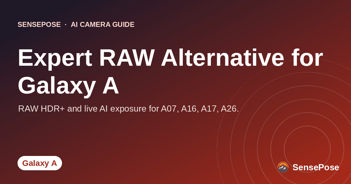 Branded SensePose cover card reading 'Expert RAW Alternative for Galaxy A' on a coral gradient