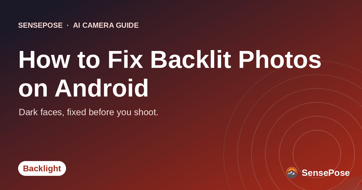 Branded SensePose cover card reading 'How to Fix Backlit Photos on Android' on a coral gradient