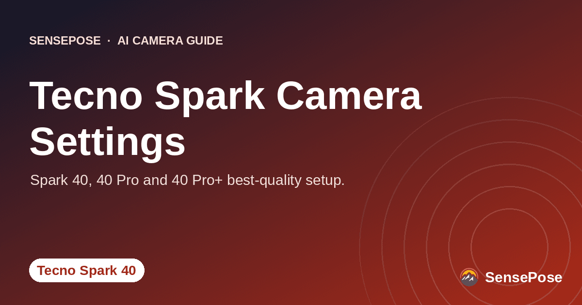 Branded SensePose cover card reading 'Tecno Spark Camera Settings' on a coral gradient