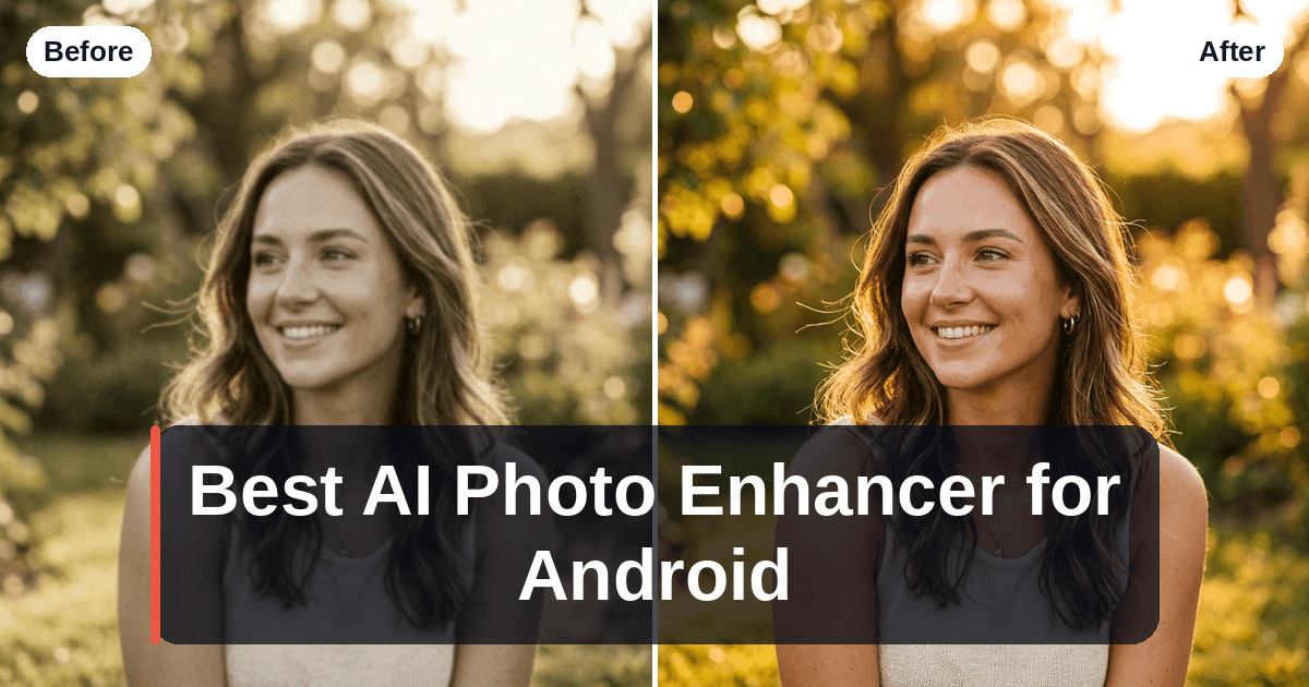 Split-screen comparison of a dull, noisy phone photo on the left and a clean, sharp AI-enhanced version on the right