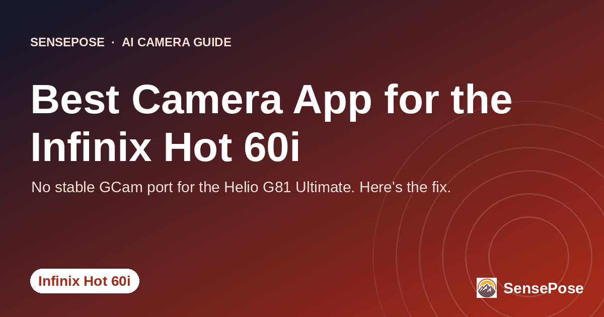 Branded SensePose cover card reading 'Best Camera App for the Infinix Hot 60i' on a coral gradient