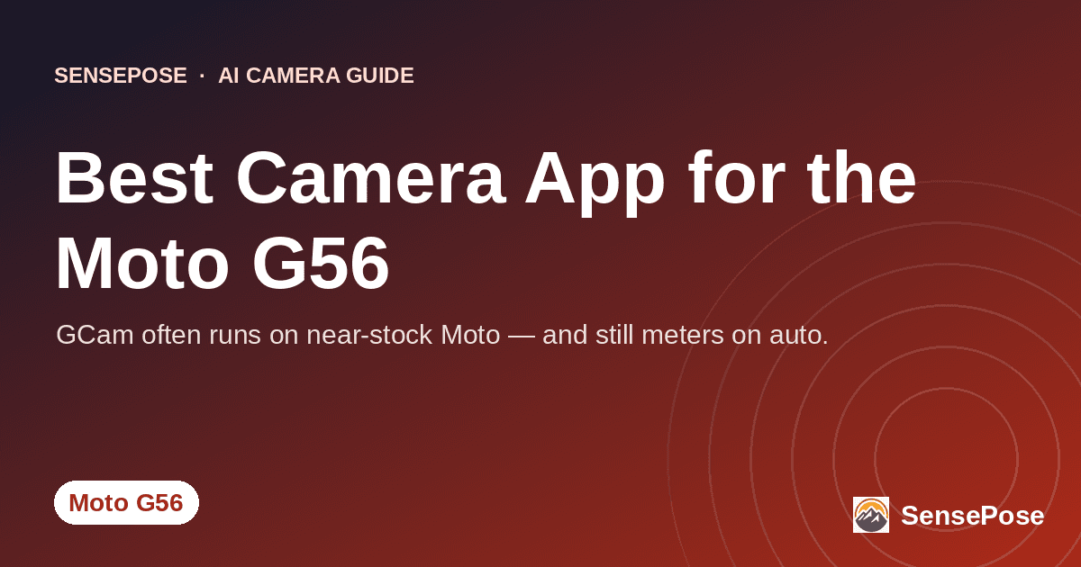 Branded SensePose cover card reading 'Best Camera App for the Moto G56' on a coral gradient