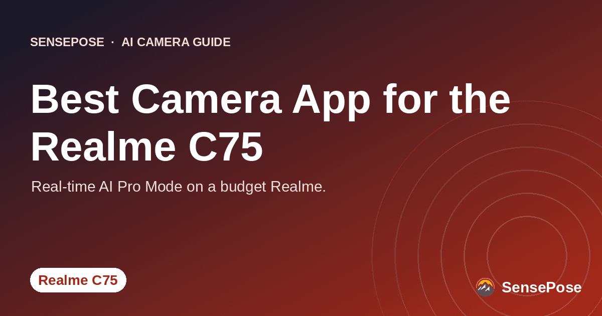 Branded SensePose cover card reading 'Best Camera App for the Realme C75' on a coral gradient