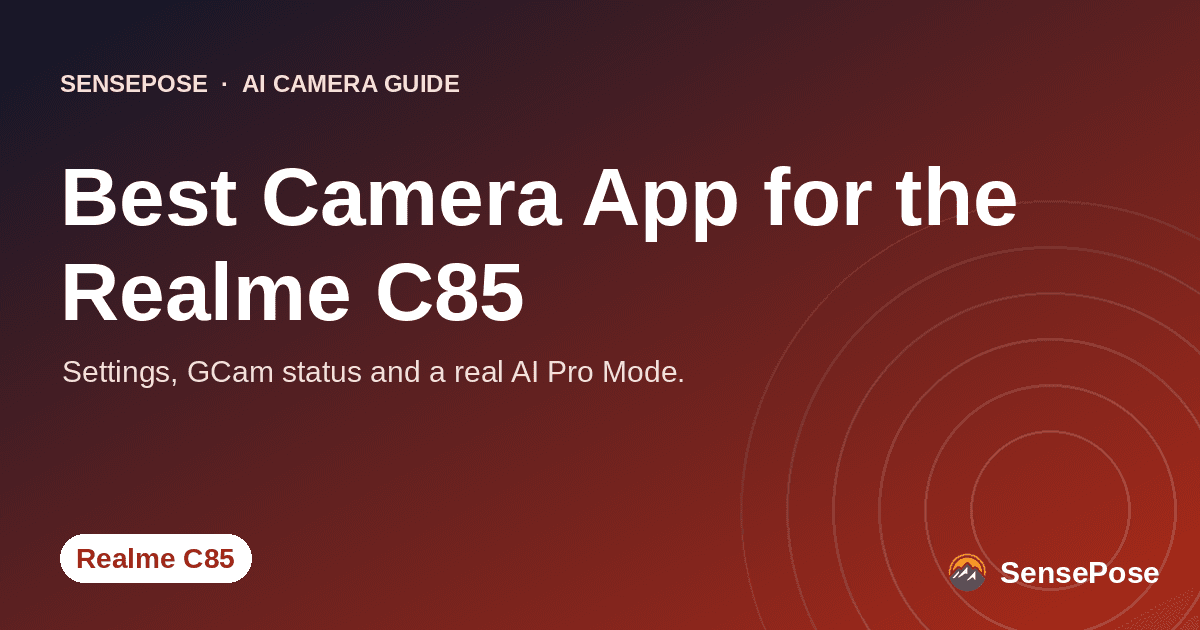 Branded SensePose cover card reading 'Best Camera App for the Realme C85' on a coral gradient