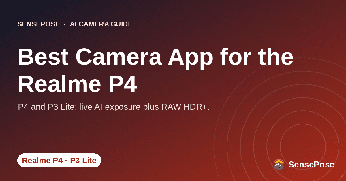 Branded SensePose cover card reading 'Best Camera App for the Realme P4' on a coral gradient