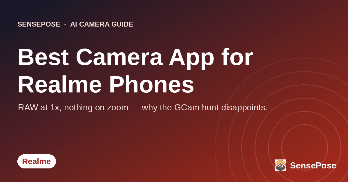 Branded SensePose cover card reading 'Best Camera App for Realme' on a coral gradient