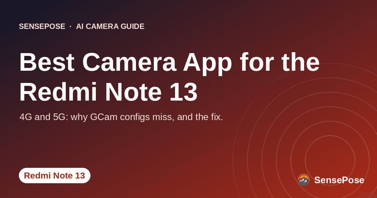 Branded SensePose cover card reading 'Best Camera App for the Redmi Note 13' on a coral gradient