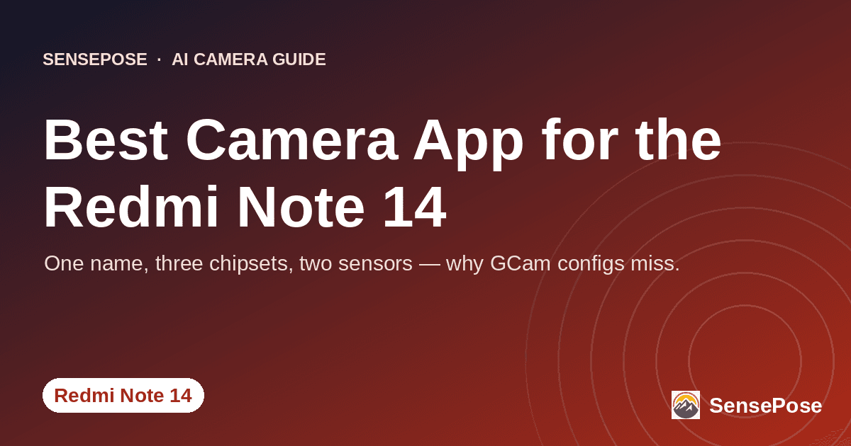 Branded SensePose cover card reading 'Best Camera App for the Redmi Note 14' on a coral gradient