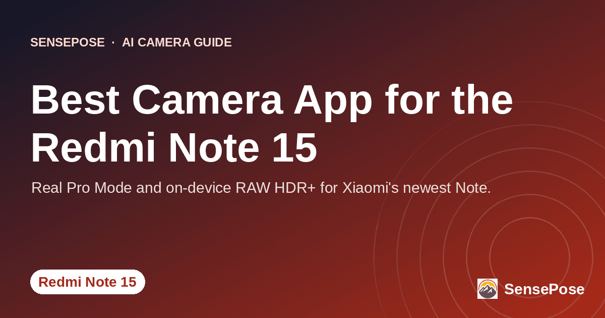 Branded SensePose cover card reading 'Best Camera App for the Redmi Note 15' on a coral gradient