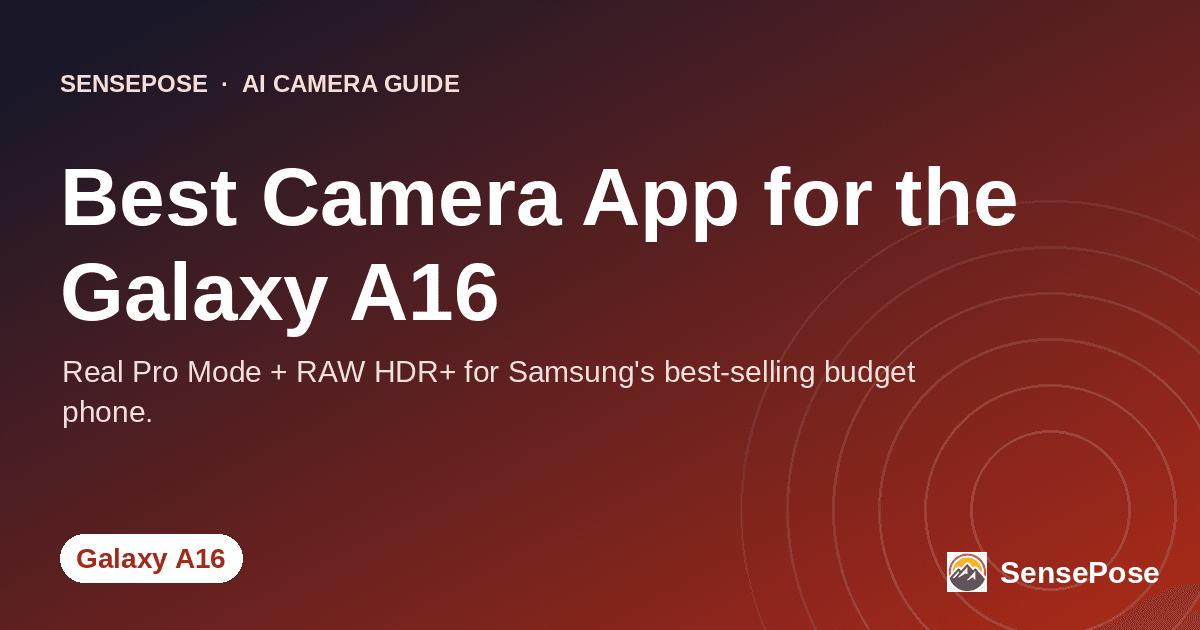 Samsung Galaxy A16 with a Pro Mode camera app overlay comparing stock and RAW HDR+ output on a coral gradient