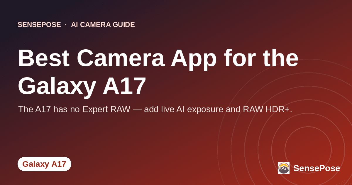 Branded SensePose cover card reading 'Best Camera App for the Galaxy A17' on a coral gradient