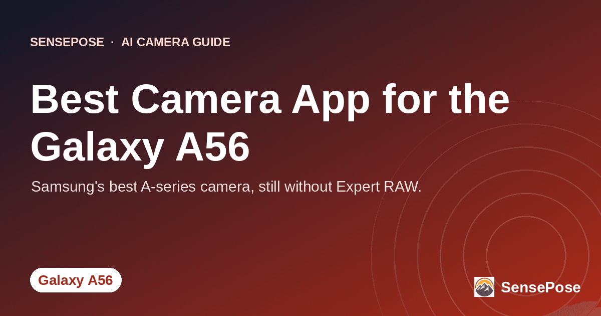Branded SensePose cover card reading 'Best Camera App for the Galaxy A56' on a coral gradient