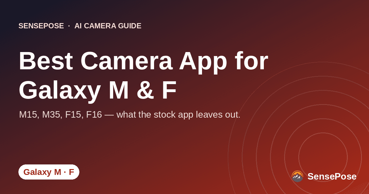 Branded SensePose cover card reading 'Best Camera App for Galaxy M & F' on a coral gradient