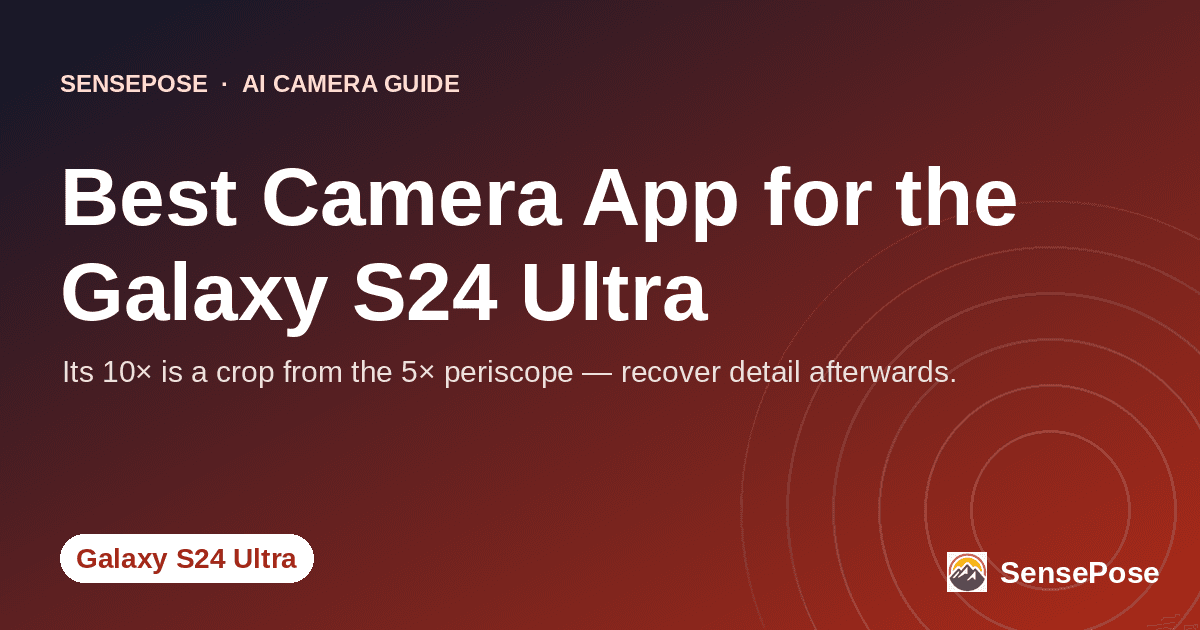 Branded SensePose cover card reading 'Best Camera App for the Galaxy S24 Ultra' on a coral gradient