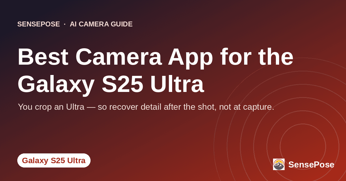 Branded SensePose cover card reading 'Best Camera App for the Galaxy S25 Ultra' on a coral gradient