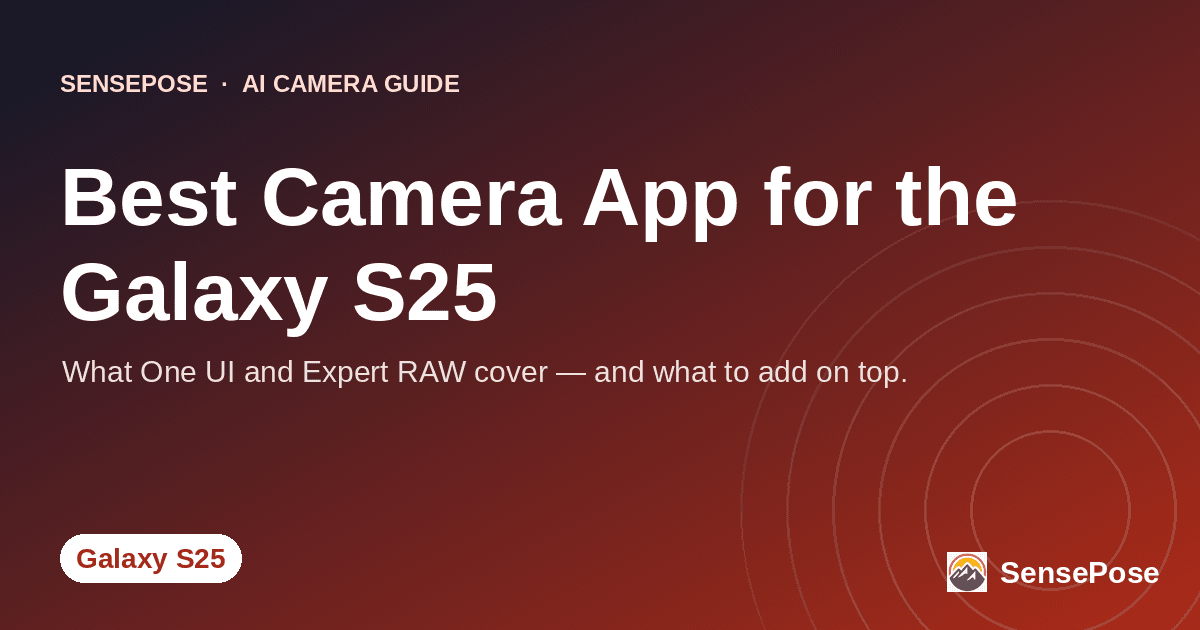 Branded SensePose cover card reading 'Best Camera App for the Galaxy S25' on a coral gradient