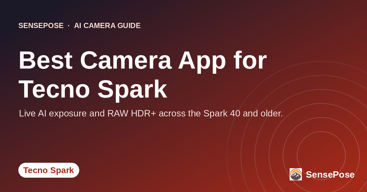 Branded SensePose cover card reading 'Best Camera App for Tecno Spark' on a coral gradient