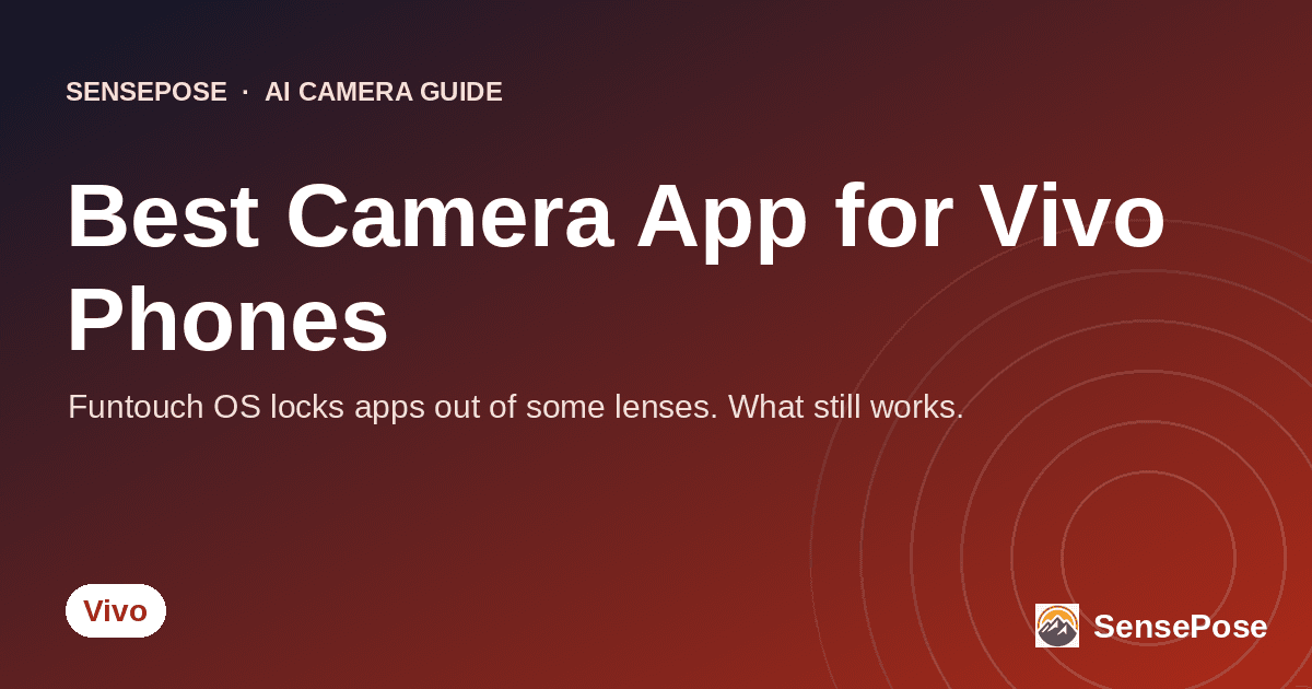 Branded SensePose cover card reading 'Best Camera App for Vivo' on a coral gradient