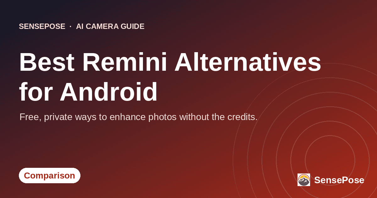 Grid of Android photo-enhancing apps shown as Remini alternatives on a coral gradient