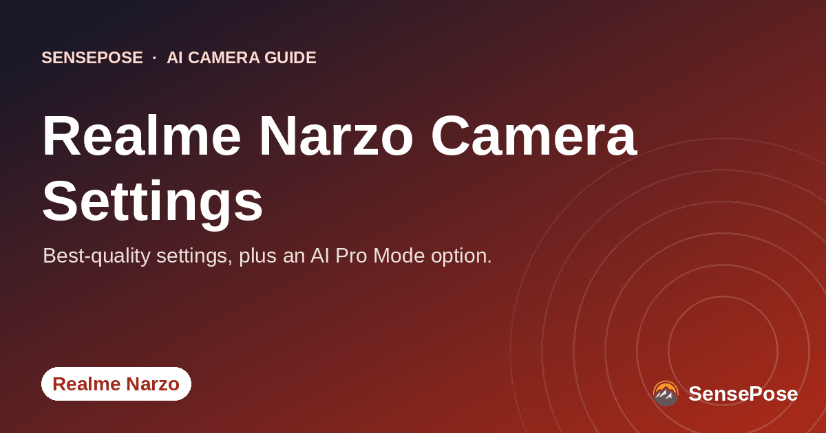 Branded SensePose cover card reading 'Realme Narzo Camera Settings' on a coral gradient