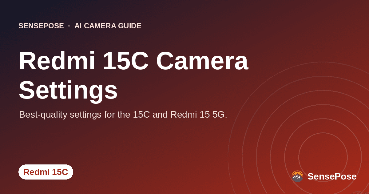 Branded SensePose cover card reading 'Redmi 15C Camera Settings' on a coral gradient
