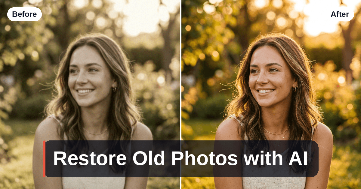 Before and after: a faded, low-contrast old portrait on the left restored to a sharp, vibrant version on the right