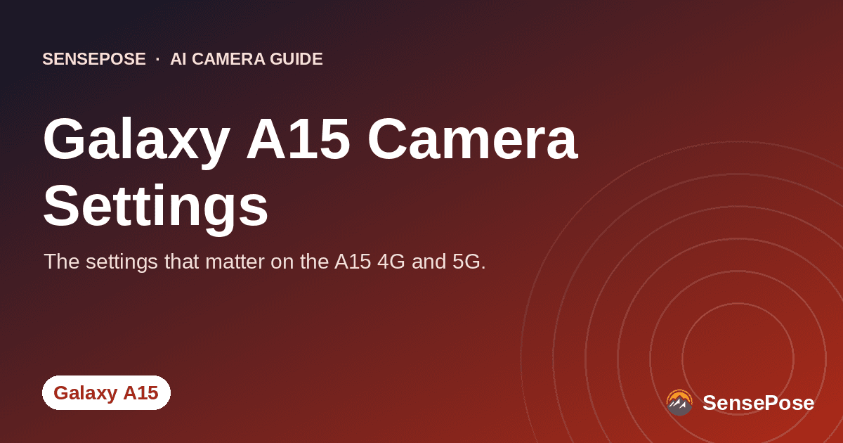 Branded SensePose cover card reading 'Galaxy A15 Camera Settings' on a coral gradient