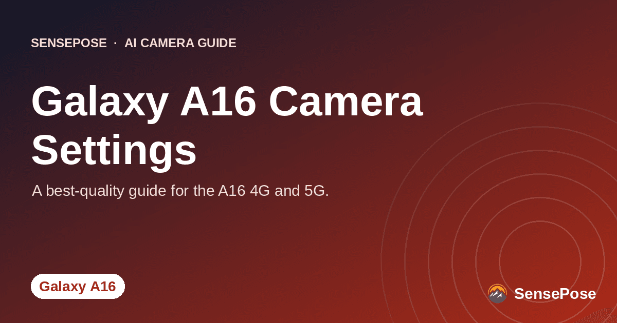 Branded SensePose cover card reading 'Galaxy A16 Camera Settings' on a coral gradient