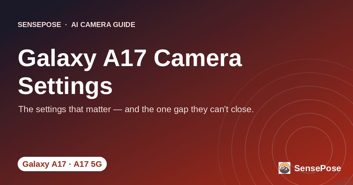 Branded SensePose cover card reading 'Galaxy A17 Camera Settings for Best Quality' on a coral gradient