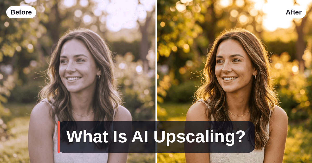 AI upscaling explained — a low-resolution image grid resolving into fine detail on a coral gradient